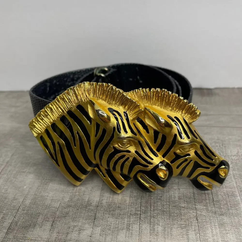 Vintage DOREEN RYAN Double Zebra Head Gold Black 1.25 in adjustable belt 35 in